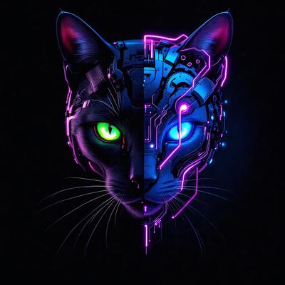 The primary subject of the image is a cat with green eyes. The cat is wearing a futuristic, high-tech headpiece, giving it a unique and interesting appearance. The setting is a dark background, which contrasts with the bright colors of the cat's eyes and the futuristic headpiece. The visual style is a combination of photo and digital art, creating a striking and eye-catching image. The dominant colors are green, purple, and black, giving the cat a futuristic and mysterious vibe.